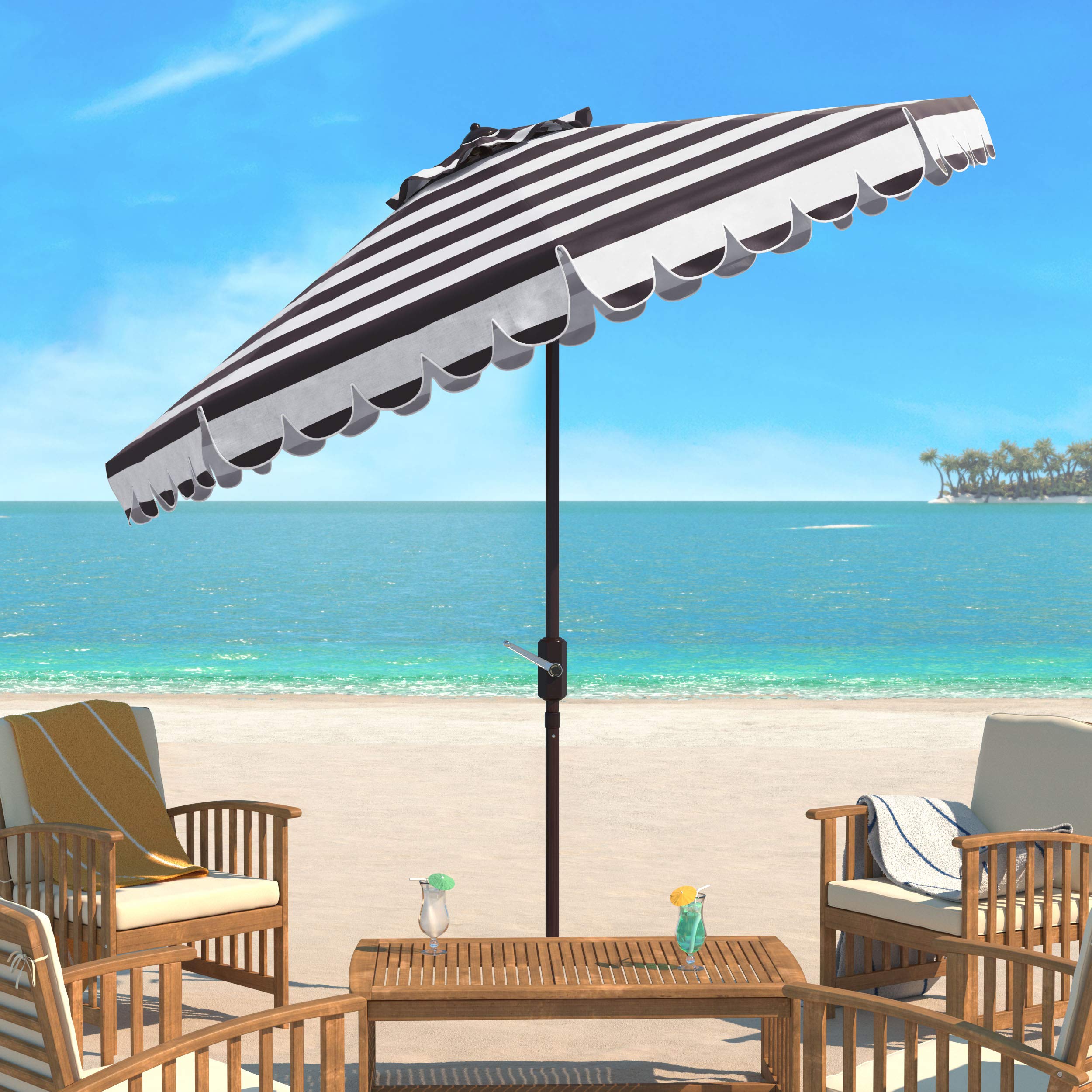 SAFAVIEH Vienna next to dining table illustrating 9-foot coverage and scale for outdoor seating