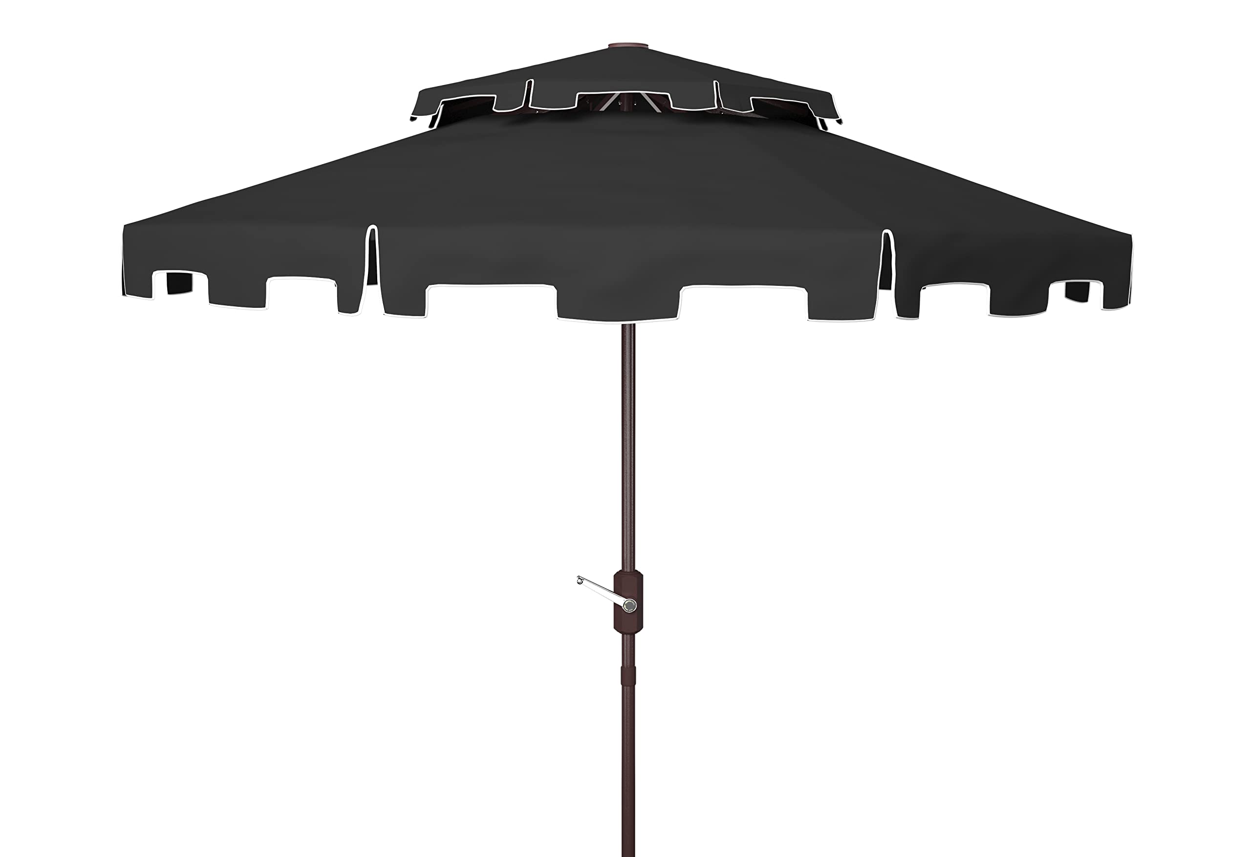 SAFAVIEH Zimmerman front view showing black and white canopy and brown pole, stylish shade