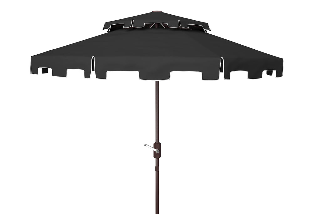 SAFAVIEH Zimmerman front view showing black and white canopy and brown pole, stylish shade