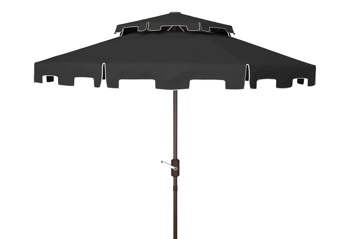 SAFAVIEH Zimmerman front view showing black and white canopy and brown pole, stylish shade
