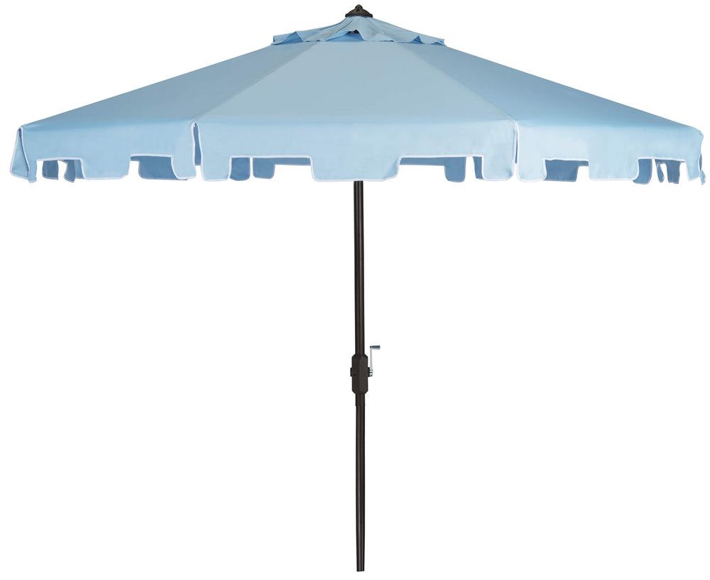 SAFAVIEH Zimmerman front view showing baby blue and white canopy for stylish shade