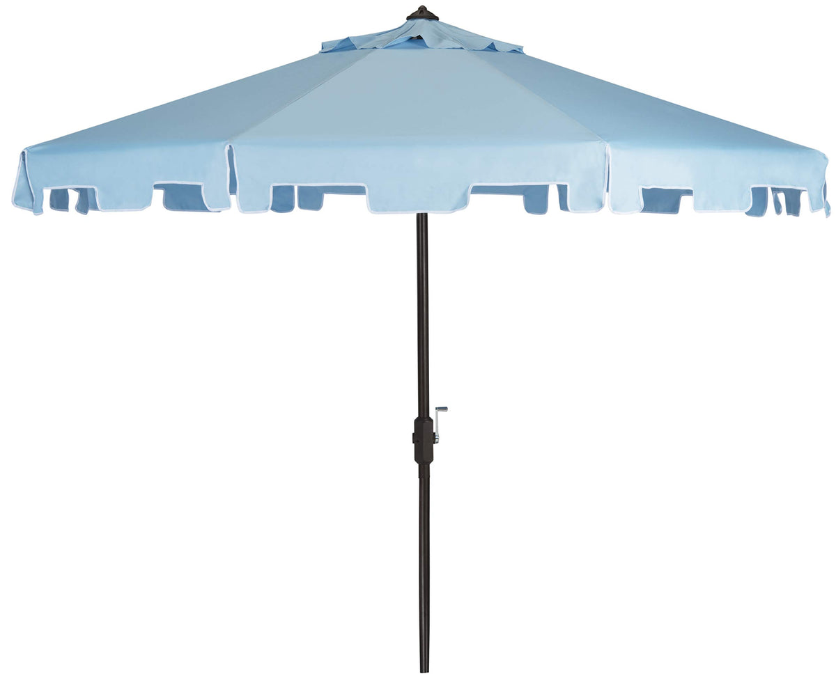 SAFAVIEH Zimmerman front view showing baby blue and white canopy for stylish shade