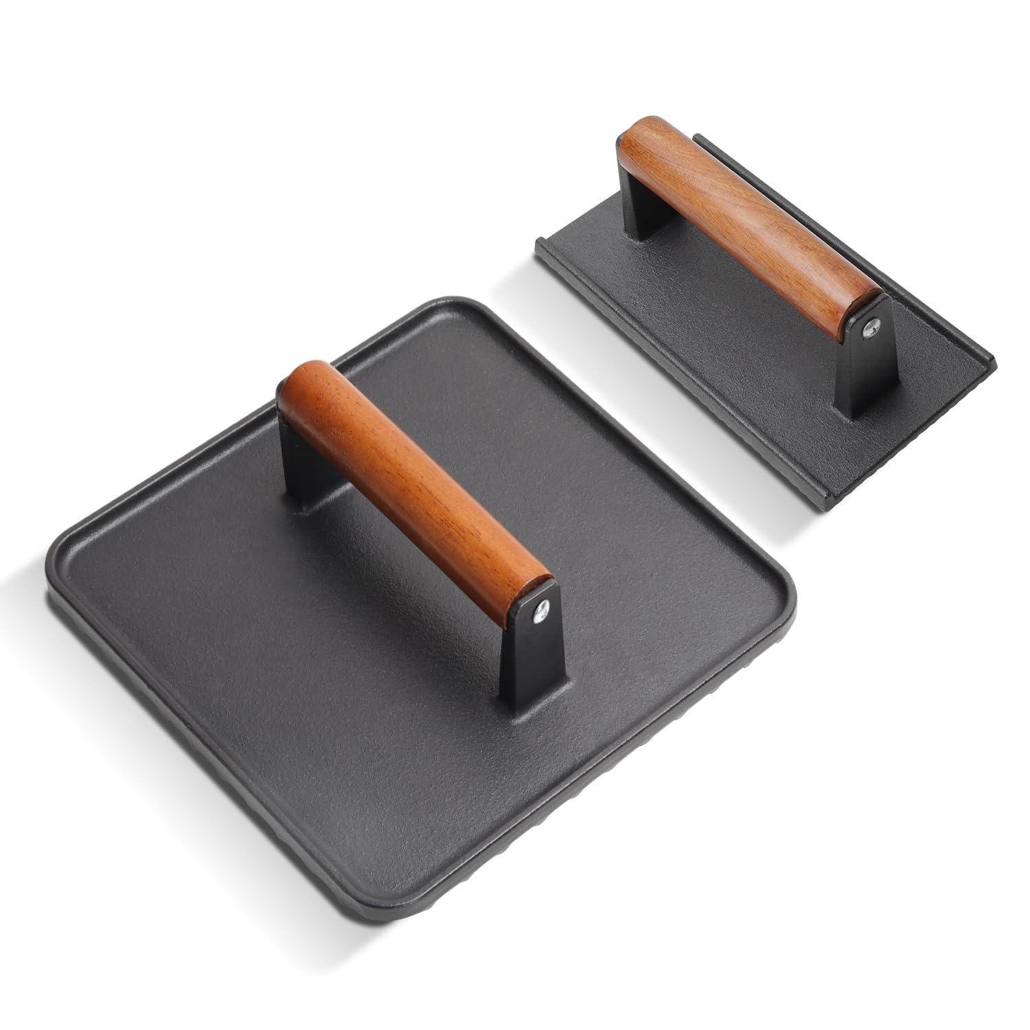 SafBbcue 10-inch square press front view shows durable cast iron and even searing