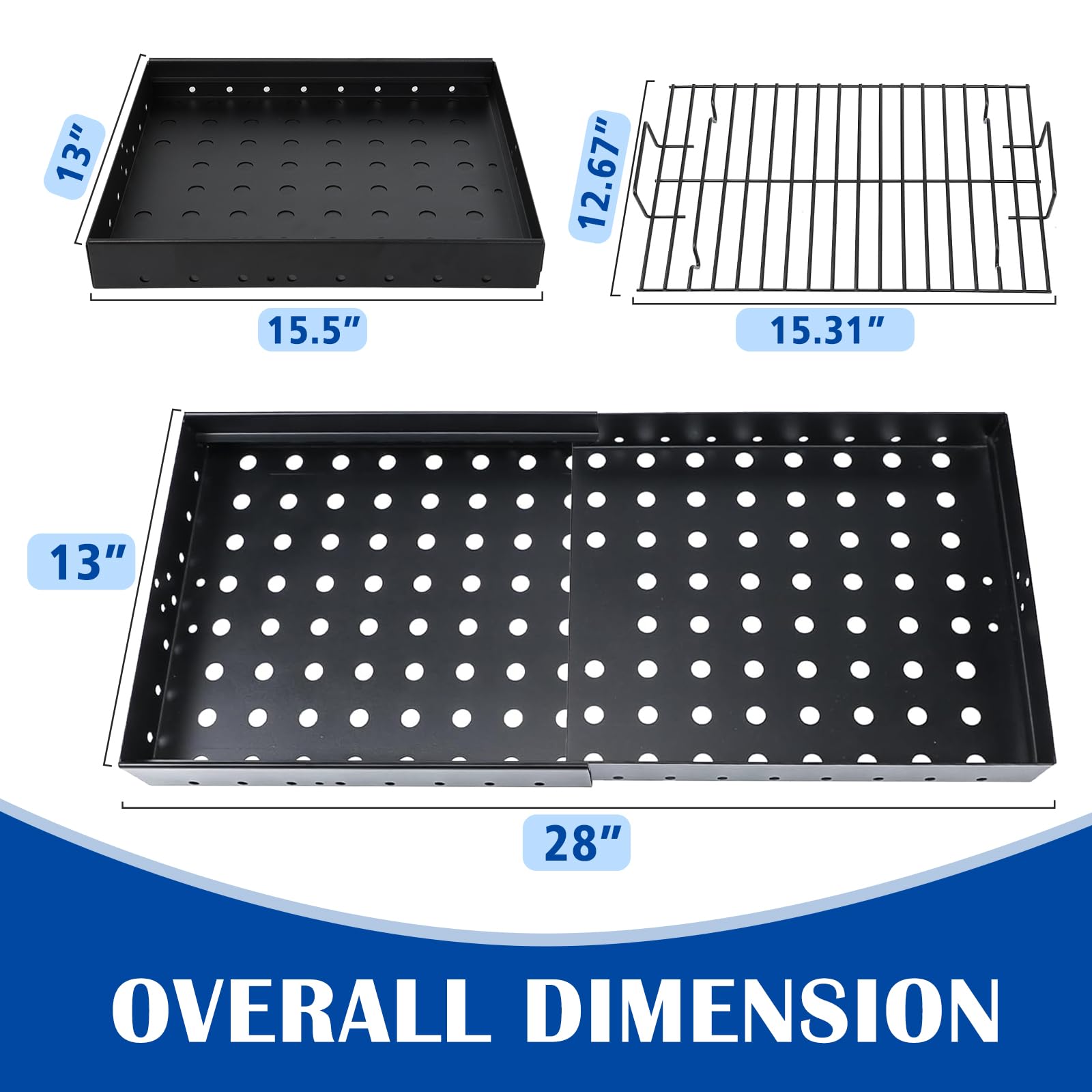 SafBbcue tray extended length demonstrating adjustable 15.5 to 28 inch fit