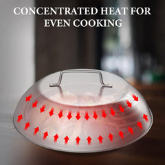 SafBbcue dome placed on a Blackstone griddle concentrating heat for faster cooking