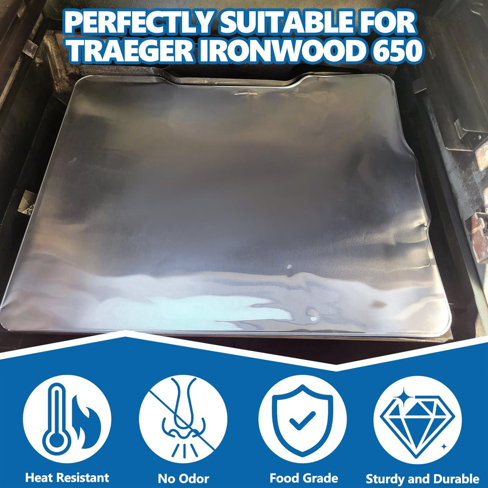SafBbcue liner installed in Traeger Ironwood 650 tray for easy cleanup