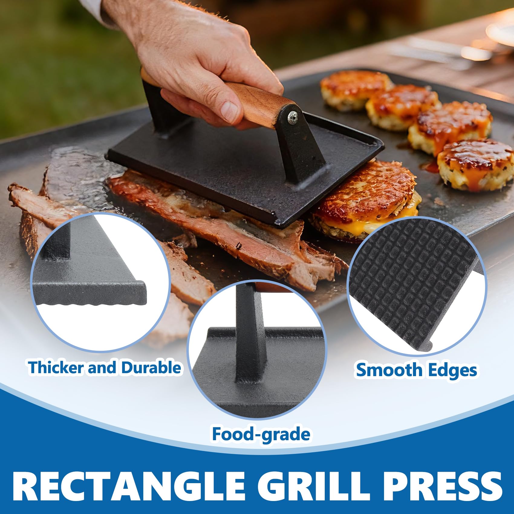 SafBbcue press on Blackstone griddle in use creating fast even browning