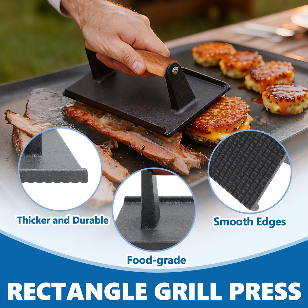 SafBbcue press on Blackstone griddle in use creating fast even browning