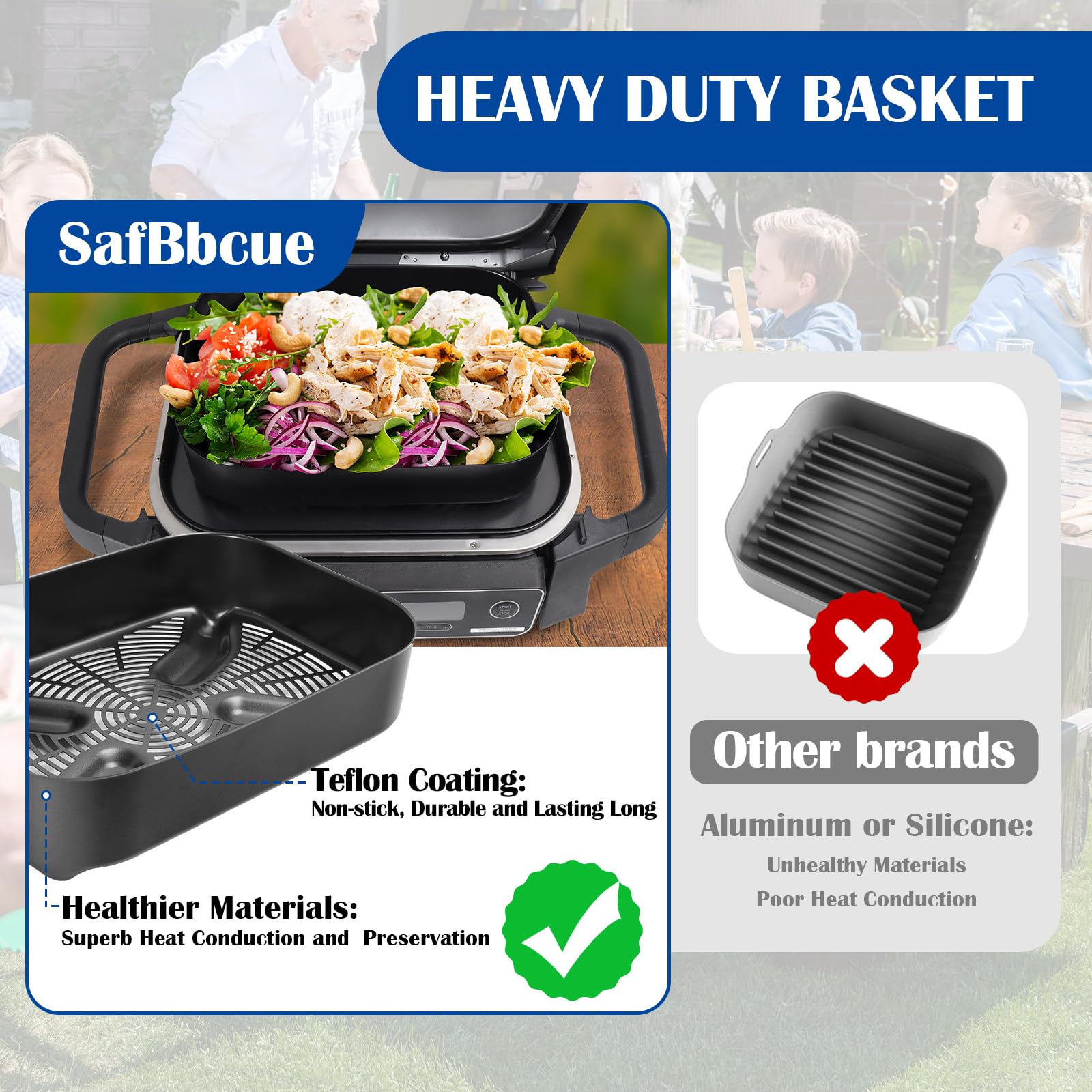 SafBbcue rack with roast size comparison illustrating family-sized capacity