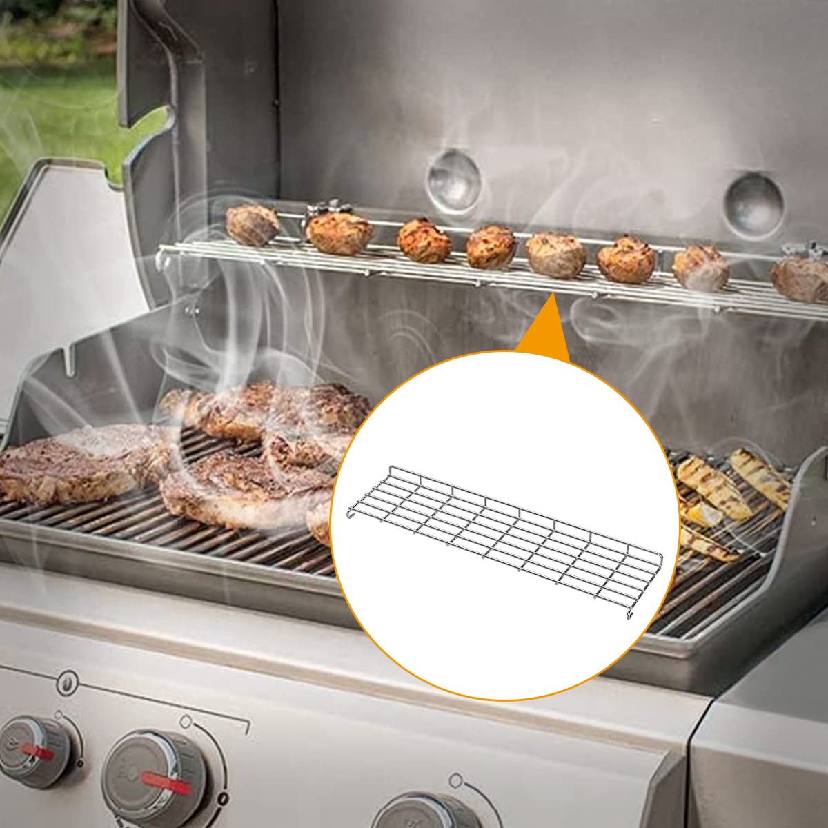 SafBbcue warming rack next to ruler showing 32 3/4 inch accurate dimensions