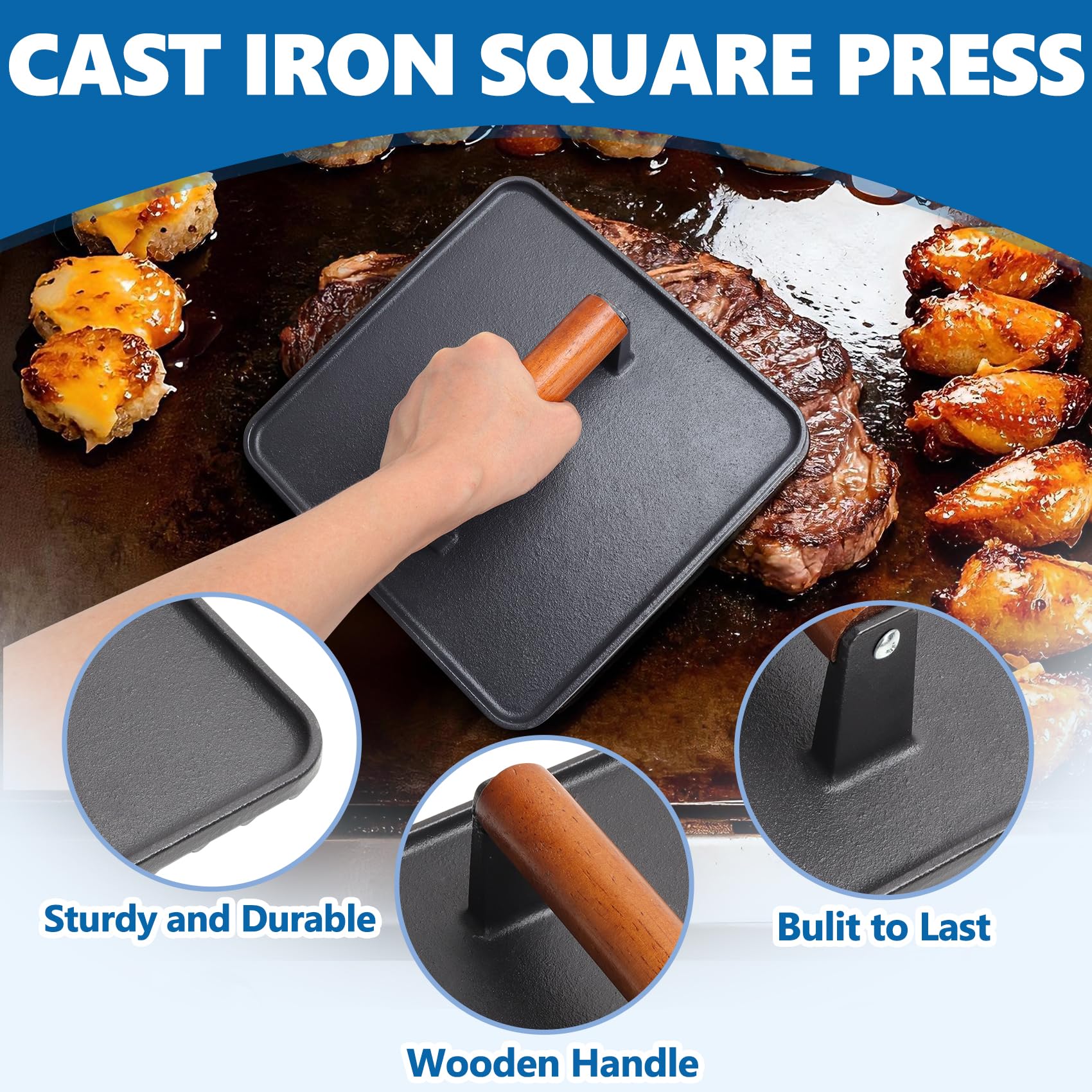 SafBbcue wooden handle detail showing heat-resistant grip for safe pressing
