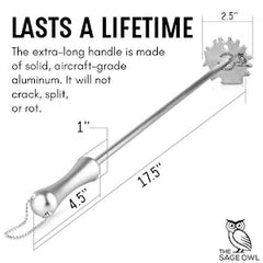 Sage Owl long 17.5-inch handle and hanging chain for reach and easy storage
