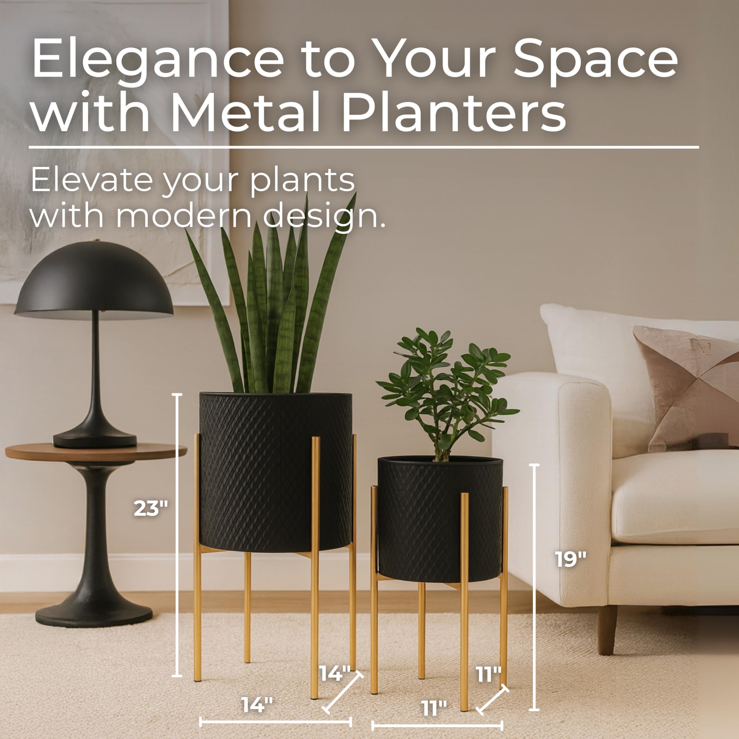 Sagebrook Home planters staged in living room adding vertical greenery and visual balance