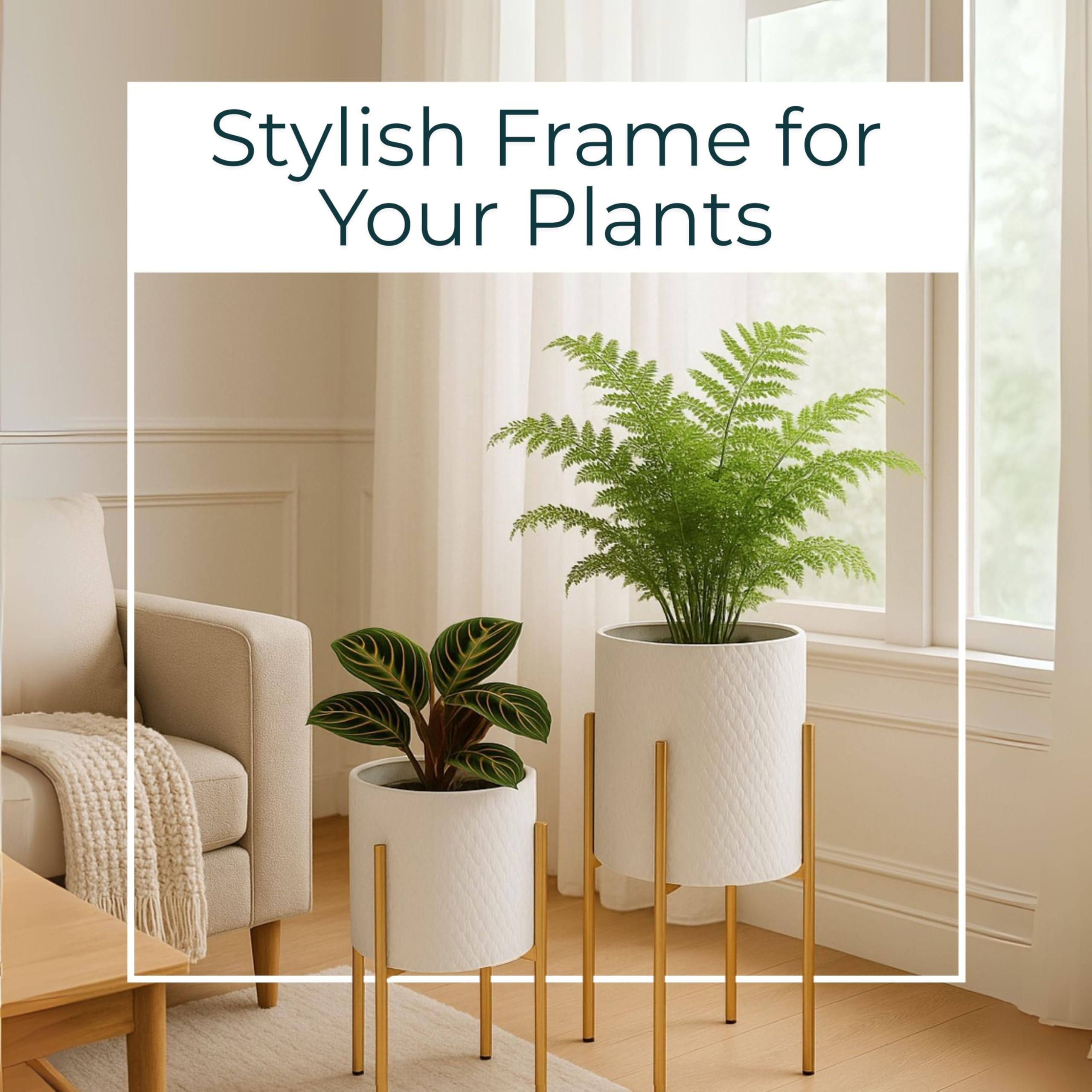 Sagebrook Home planters staged in living room adding vertical interest and cohesive styling