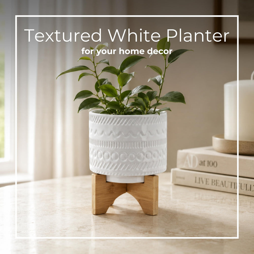 Sagebrook Home planter styled on a tabletop with plant, adding modern charm to room