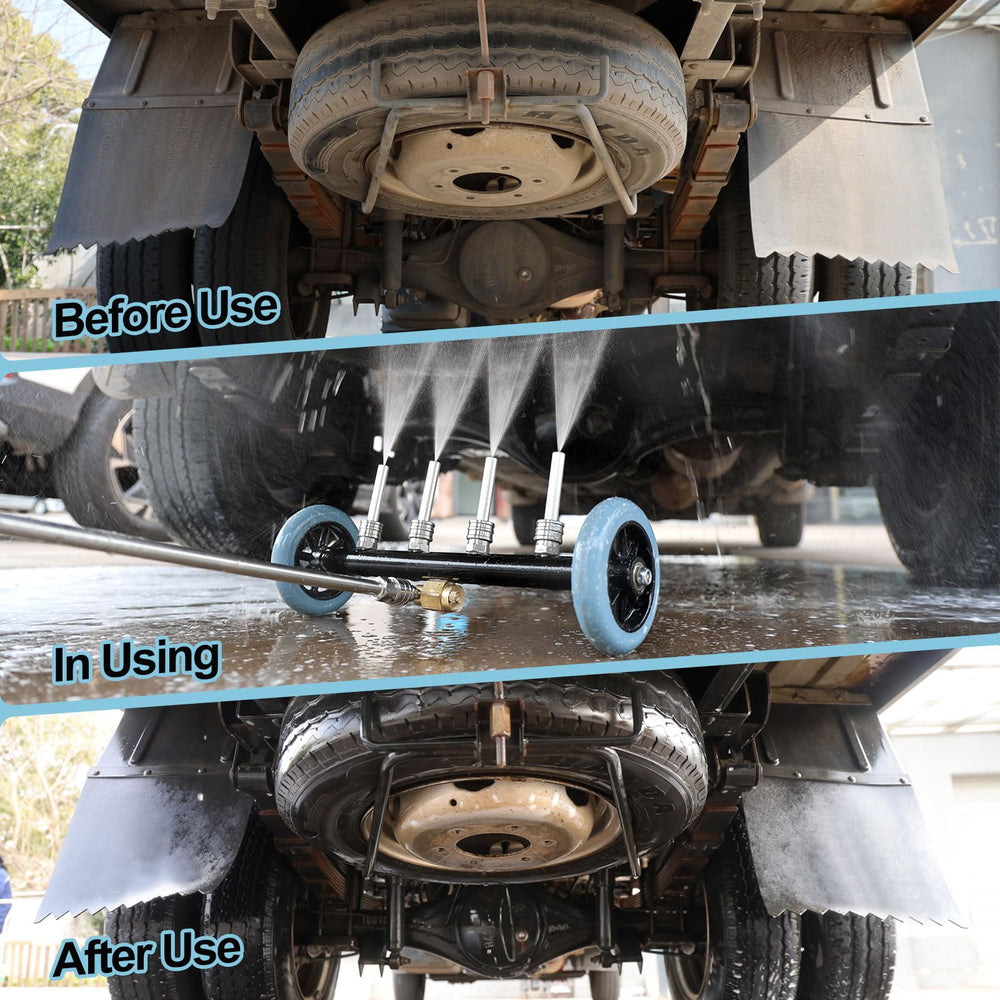 SAGEWOLF angled wand under a vehicle demonstrating hands-free undercarriage cleaning benefit