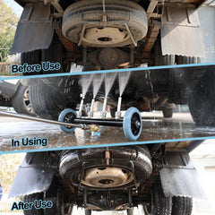 SAGEWOLF angled wand under a vehicle demonstrating hands-free undercarriage cleaning benefit