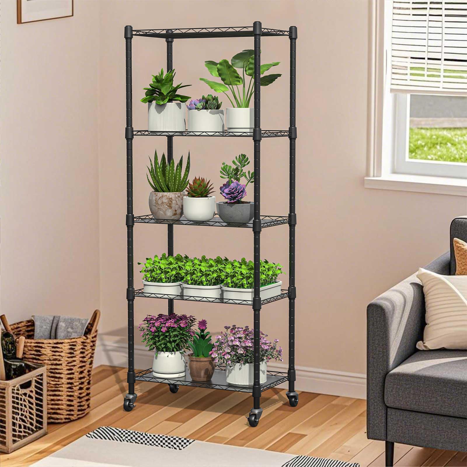 sagrynfp lifestyle scene with herbs and seedlings on shelves creating a tidy indoor garden