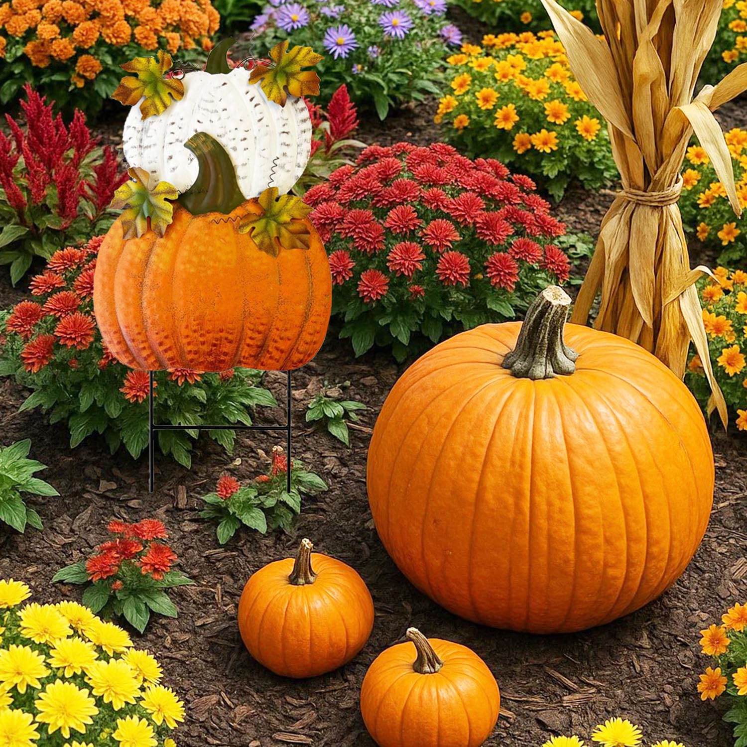 SAGUZOU lawn display lined along walkway for welcoming fall entrance