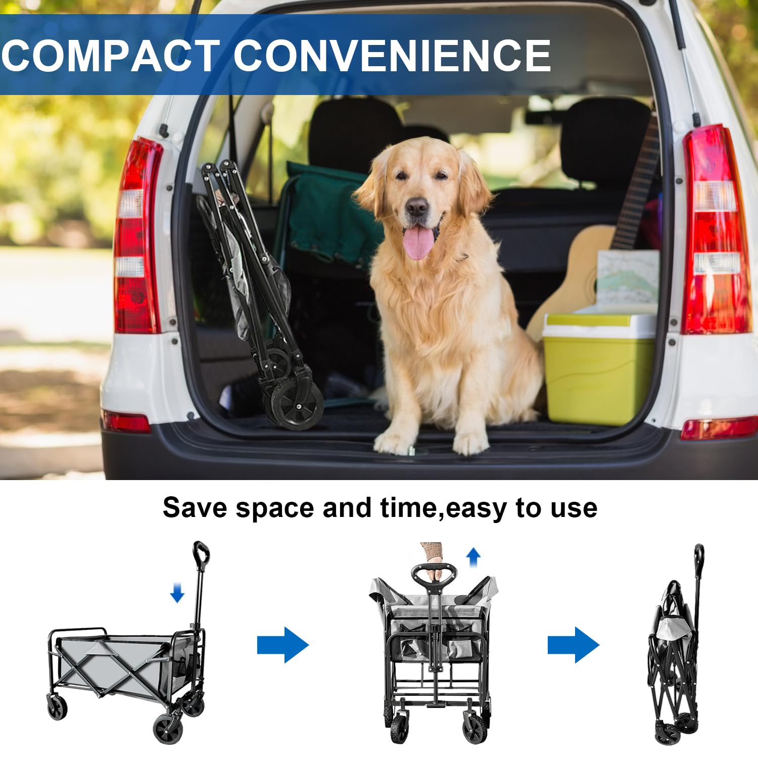 SAILARY folded wagon in car trunk demonstrating compact storage and portability