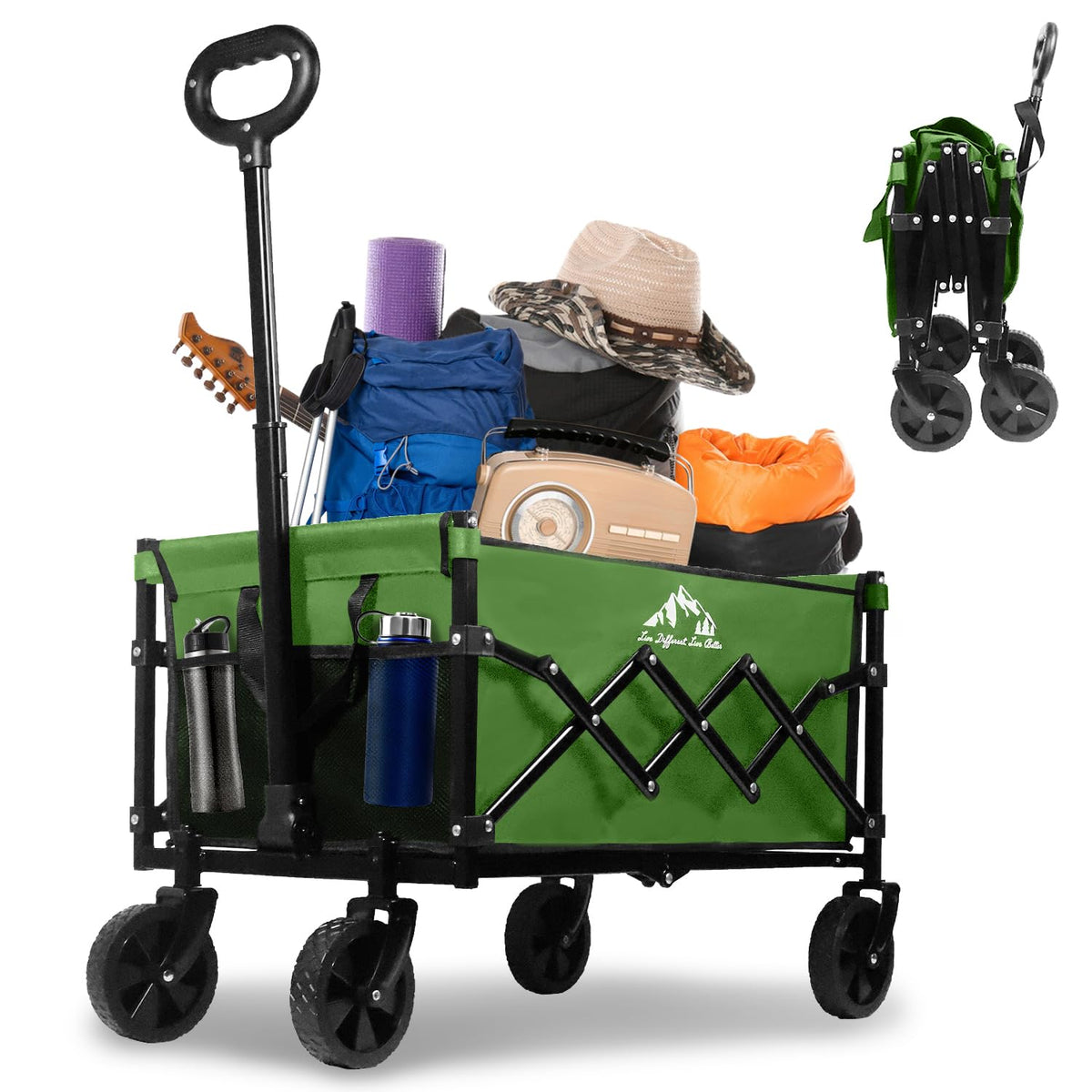 SAILARY wagon front view showing green fabric and storage pockets for organized hauling