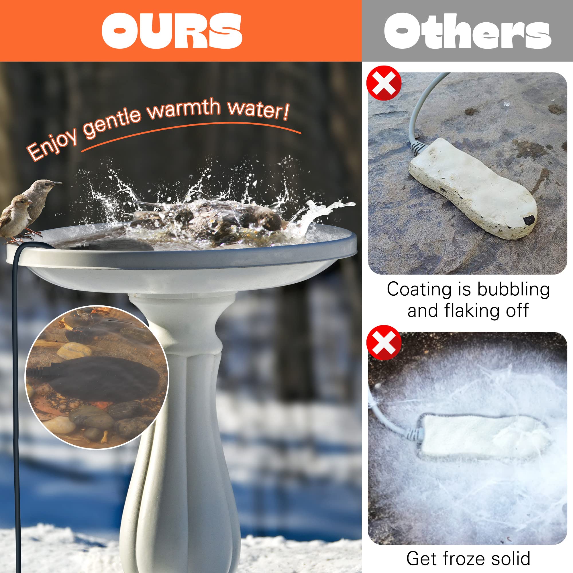 Saillong heater installed in a birdbath with birds drinking, providing reliable liquid water