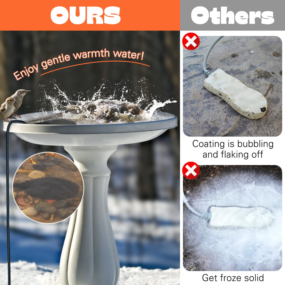 Saillong heater installed in a birdbath with birds drinking, providing reliable liquid water
