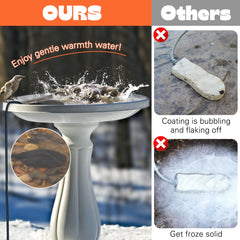 Saillong heater installed in a birdbath with birds drinking, providing reliable liquid water
