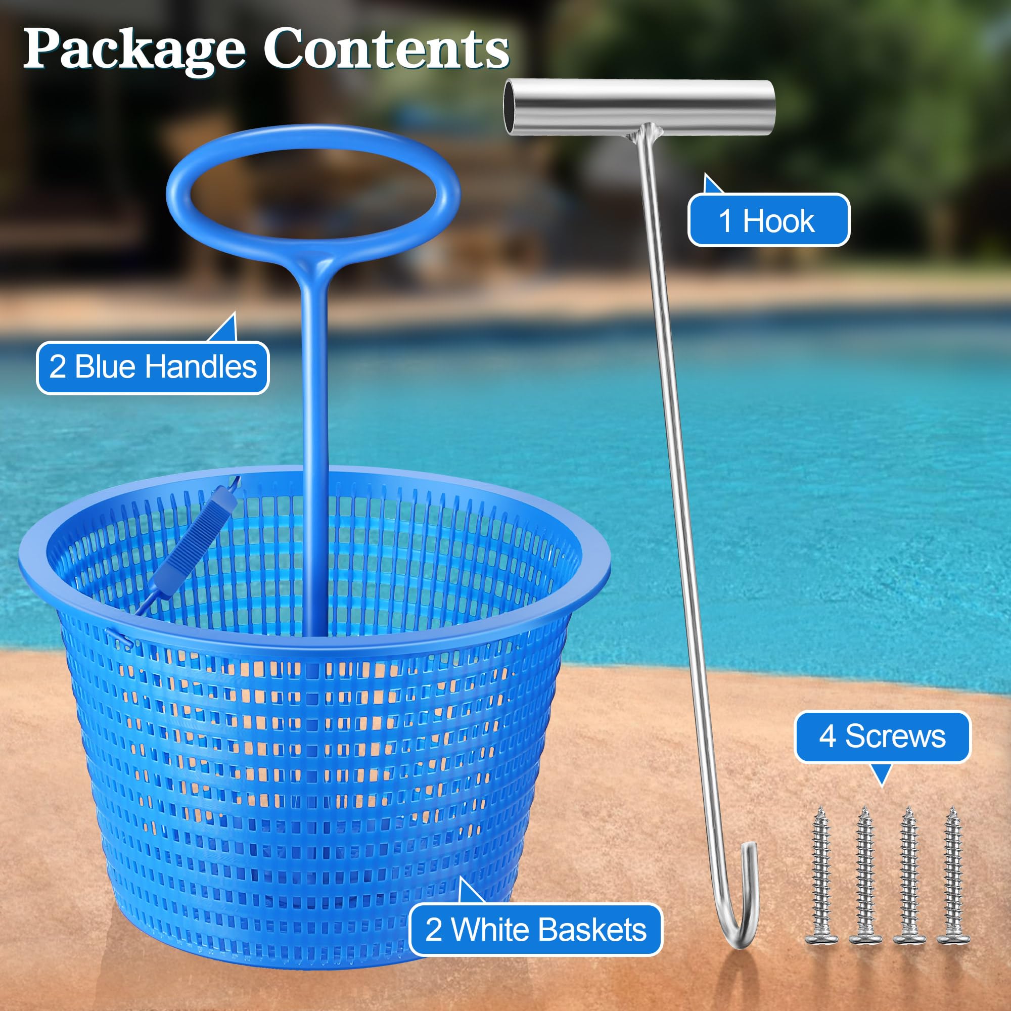 Saillong poolside scene of owner lifting basket, showing safer debris removal