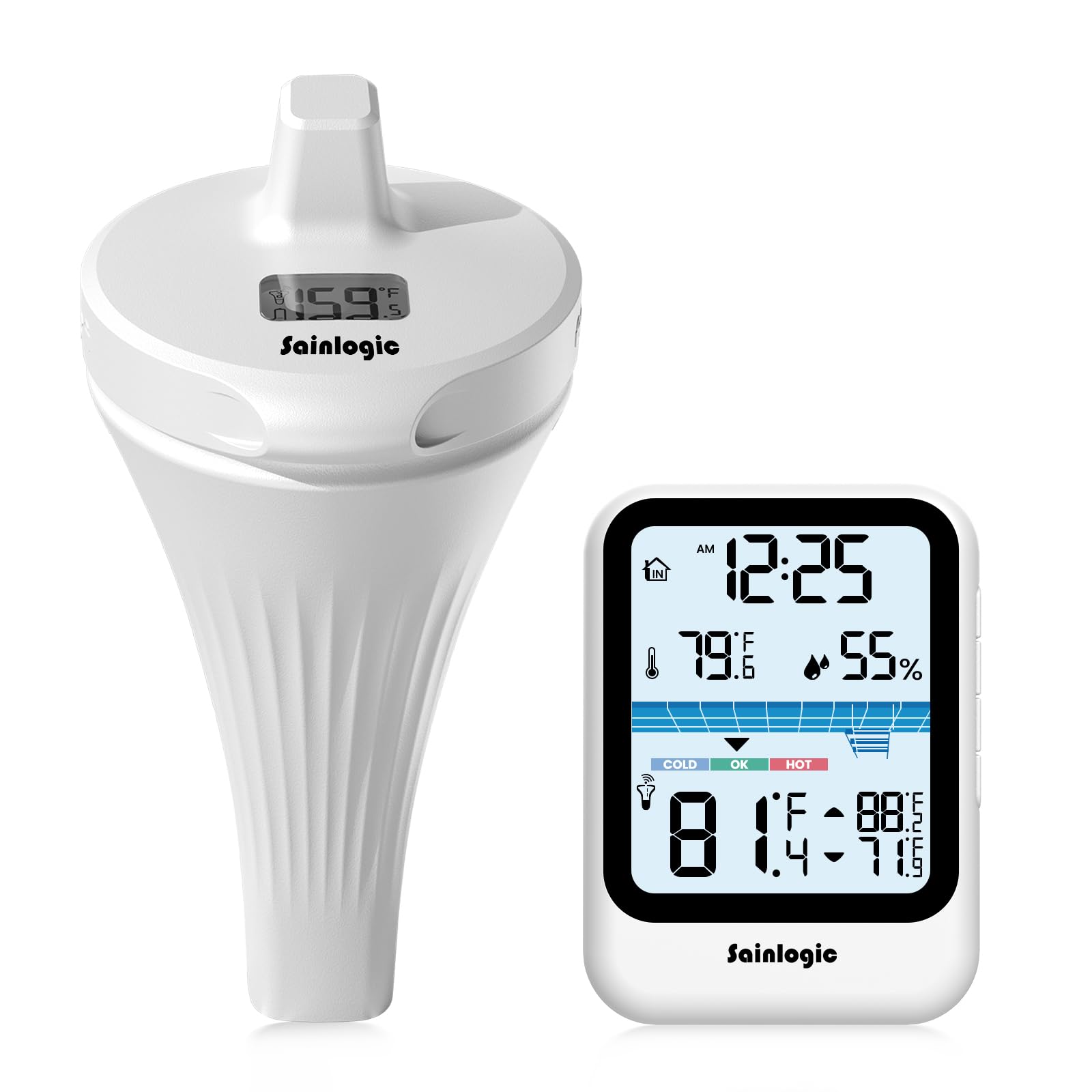 sainlogic front display showing clear temperature and time for easy reading