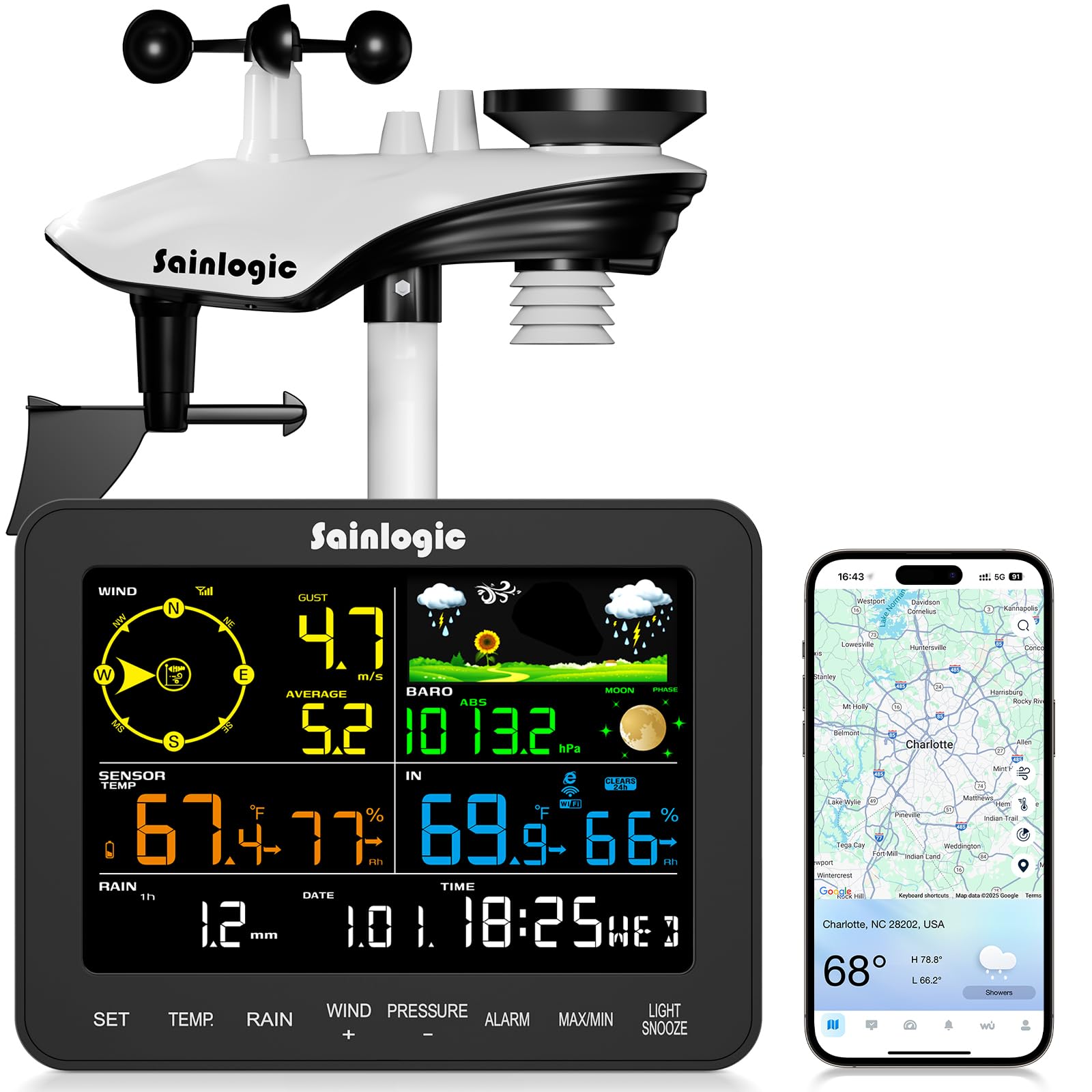 sainlogic front display showing clear weather metrics and easy reading benefit