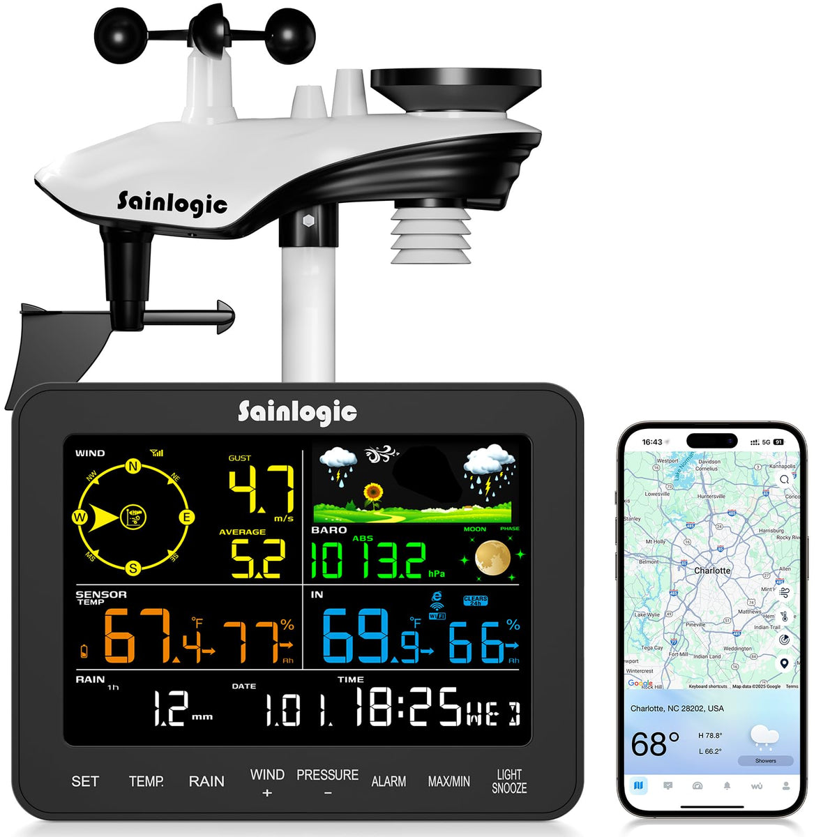 sainlogic front display showing clear weather metrics and easy reading benefit
