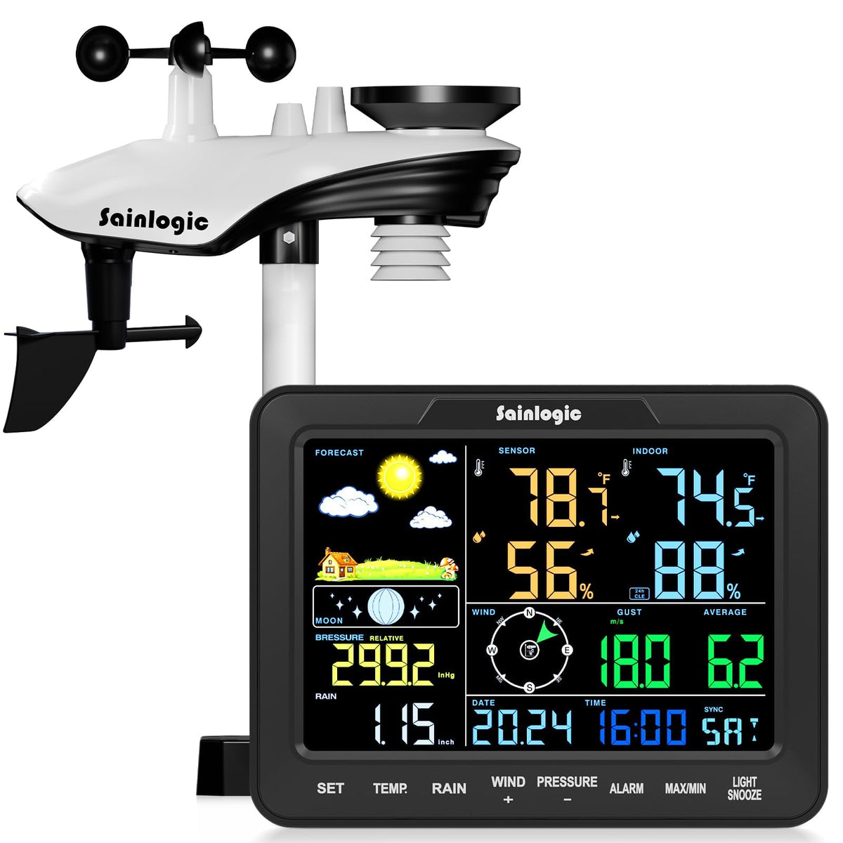sainlogic front display showing large readable weather data and quick reference