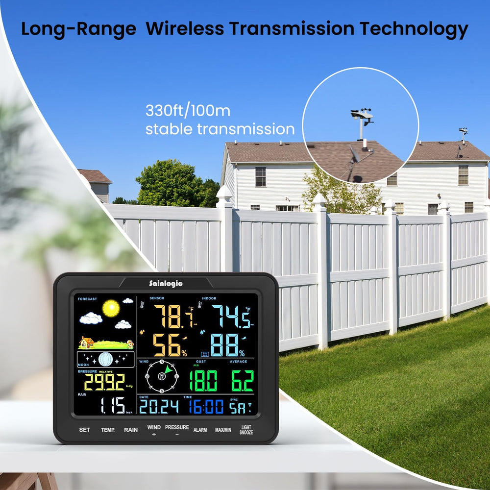 sainlogic installed on pole in garden showing wide-coverage outdoor monitoring
