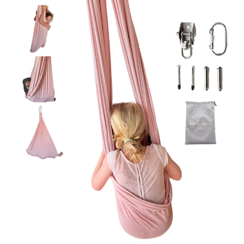 saint esen front view of pink sensory swing showing full cocoon and entrance, inviting comfort
