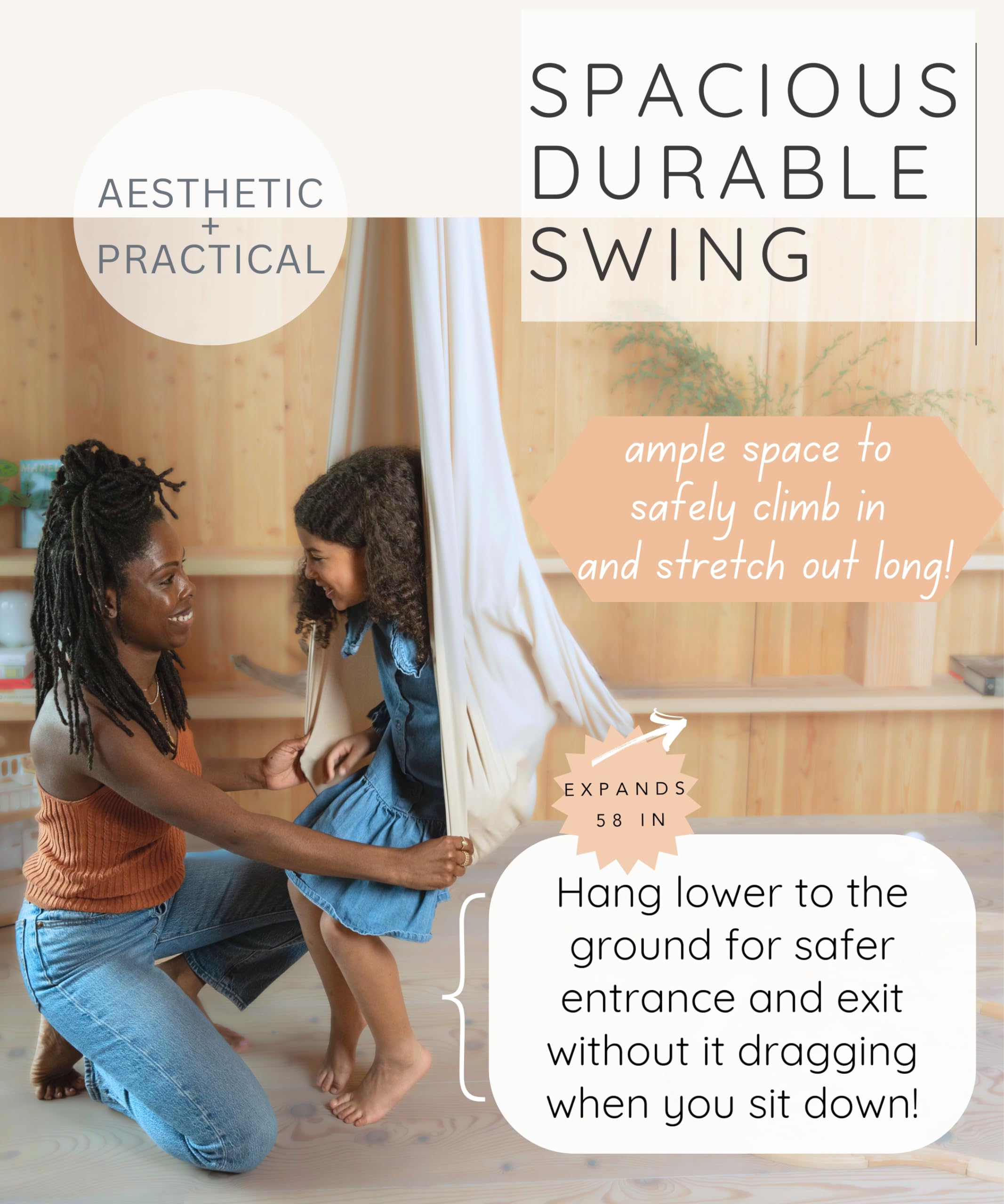 saint esen swing next to kid and adult showing size and weight capacity comparison