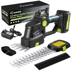 Saker 20V trimmer front view showing ergonomic grip and compact build for comfortable use