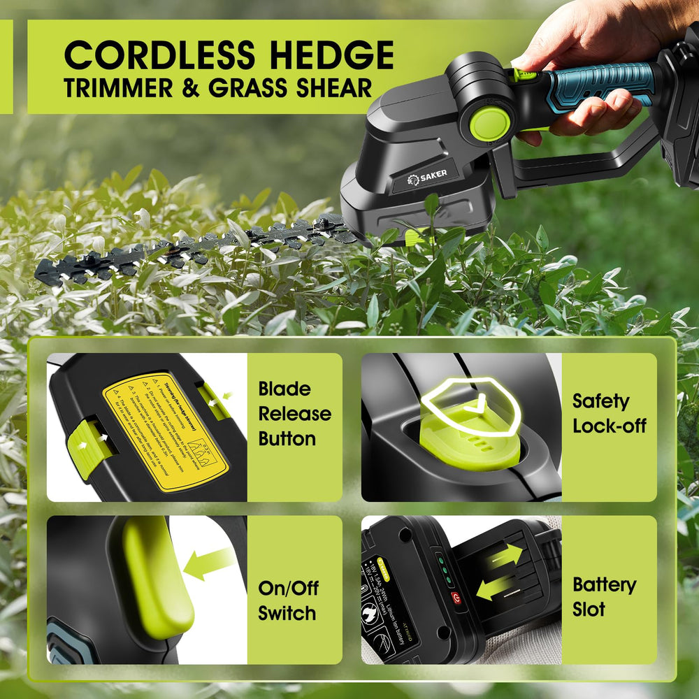 Saker long blade close-up highlighting 9.45-inch cutting edge for precise hedge trimming