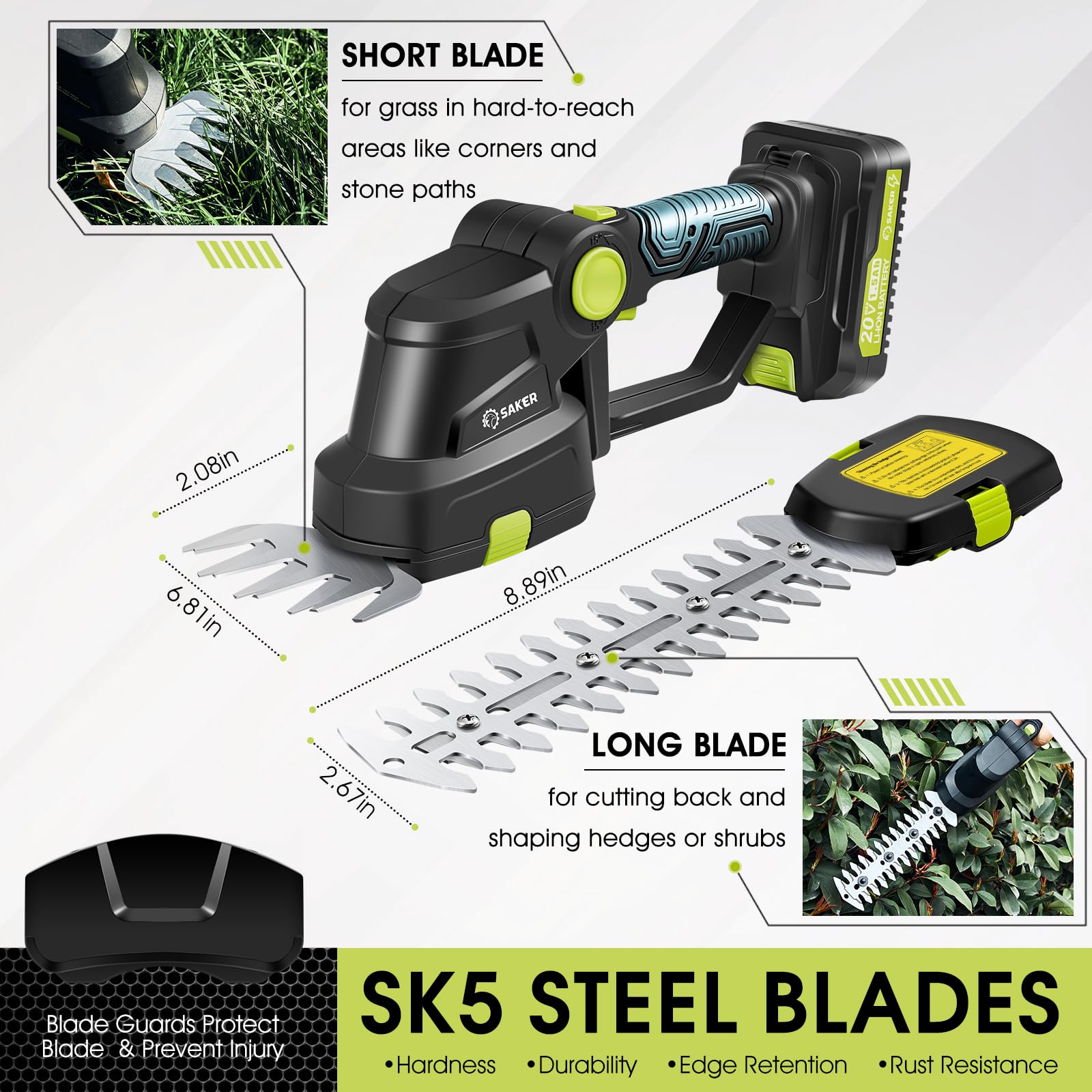 Saker short blade close-up showing 4.13-inch shear for clean lawn edging and grass shaping