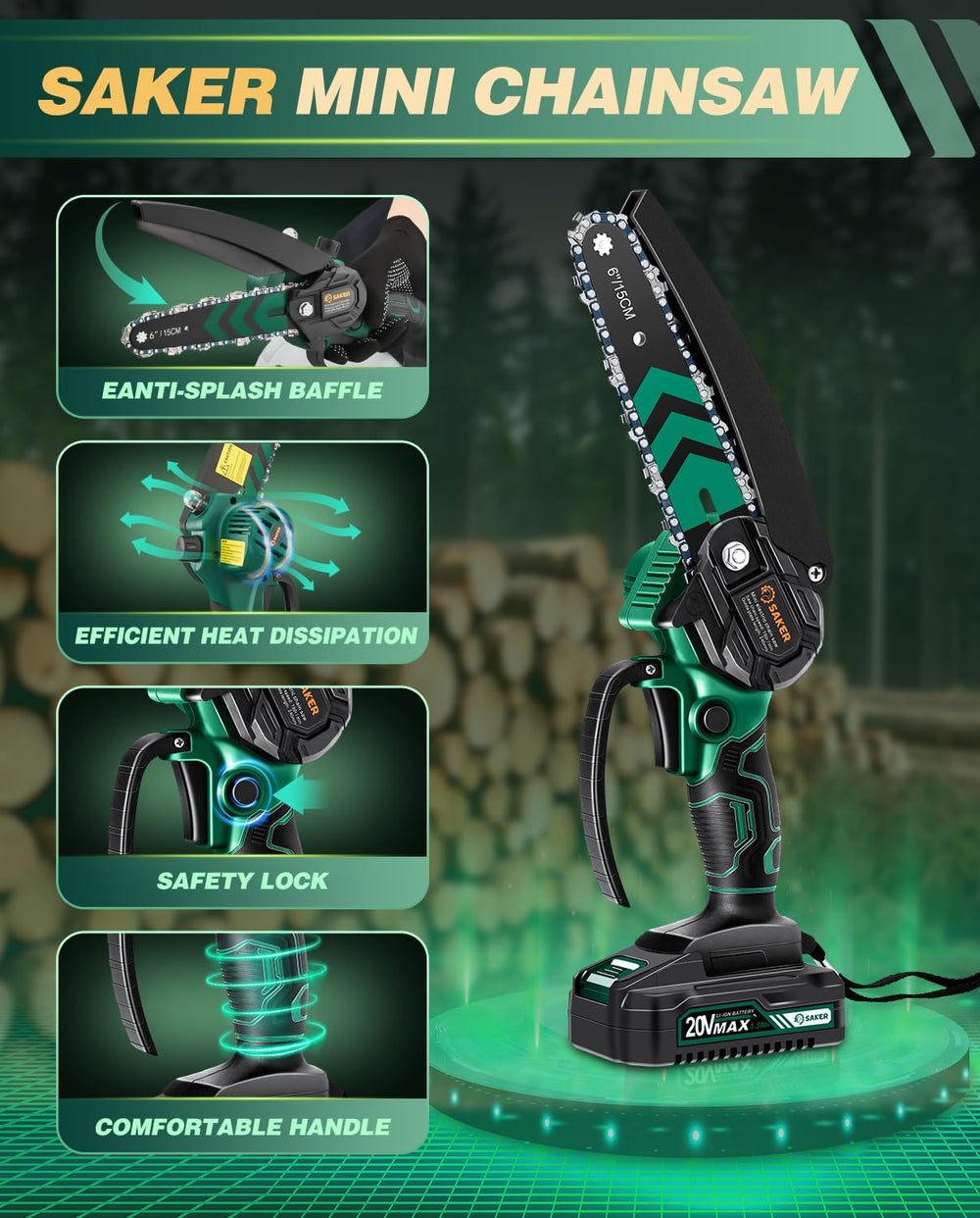 Saker mini chainsaw cutting a yard branch demonstrating fast pruning efficiency