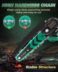 Saker batteries and three spare chains displayed to emphasize extended runtime
