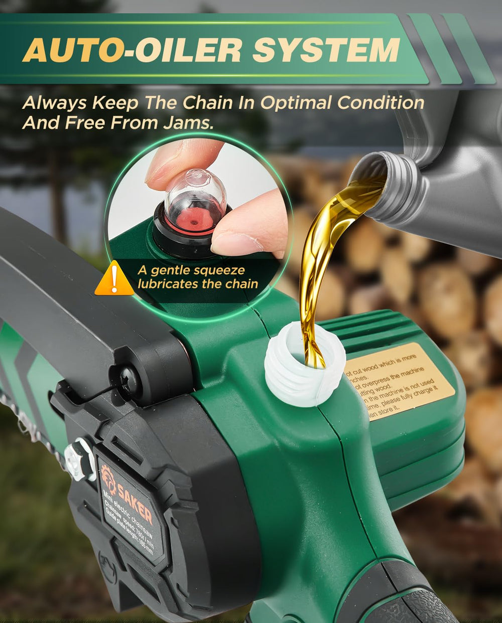 Saker close-up of bar and chain highlighting teeth for clean cuts and durability