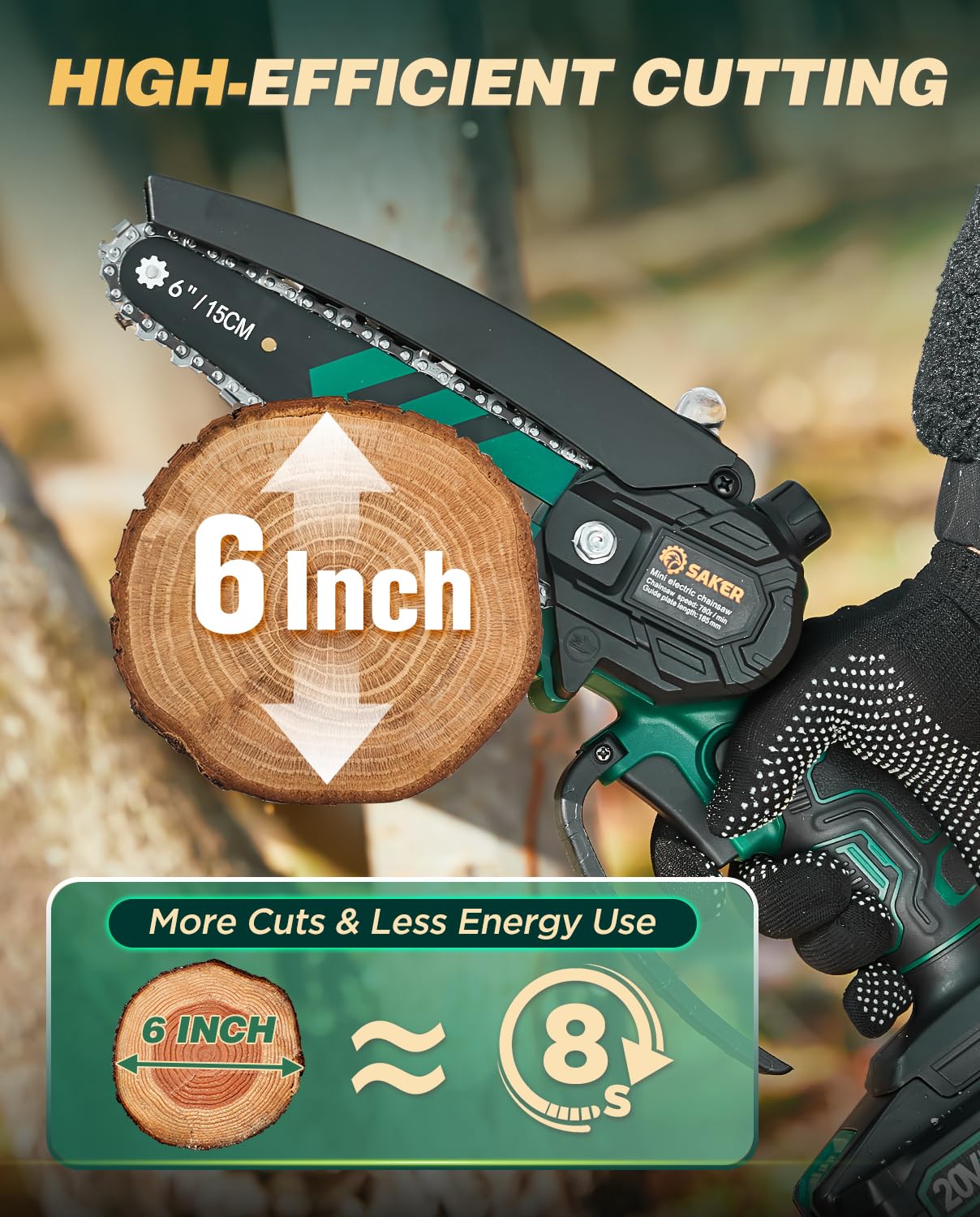 Saker chainsaw held in hand to show scale and ergonomic control for reduced fatigue