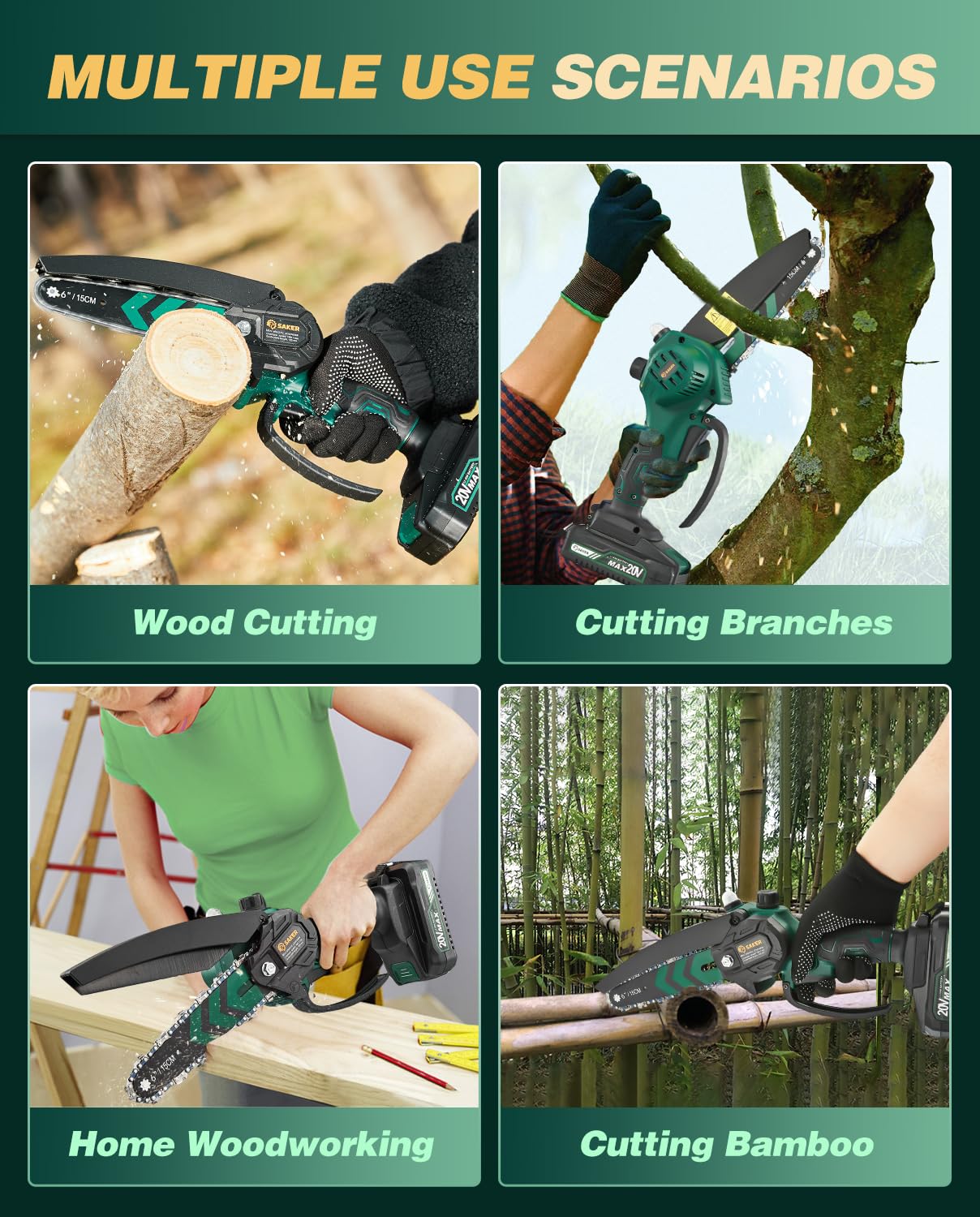 Saker kit laid out with tool, batteries, chains and accessories for ready-to-use convenience