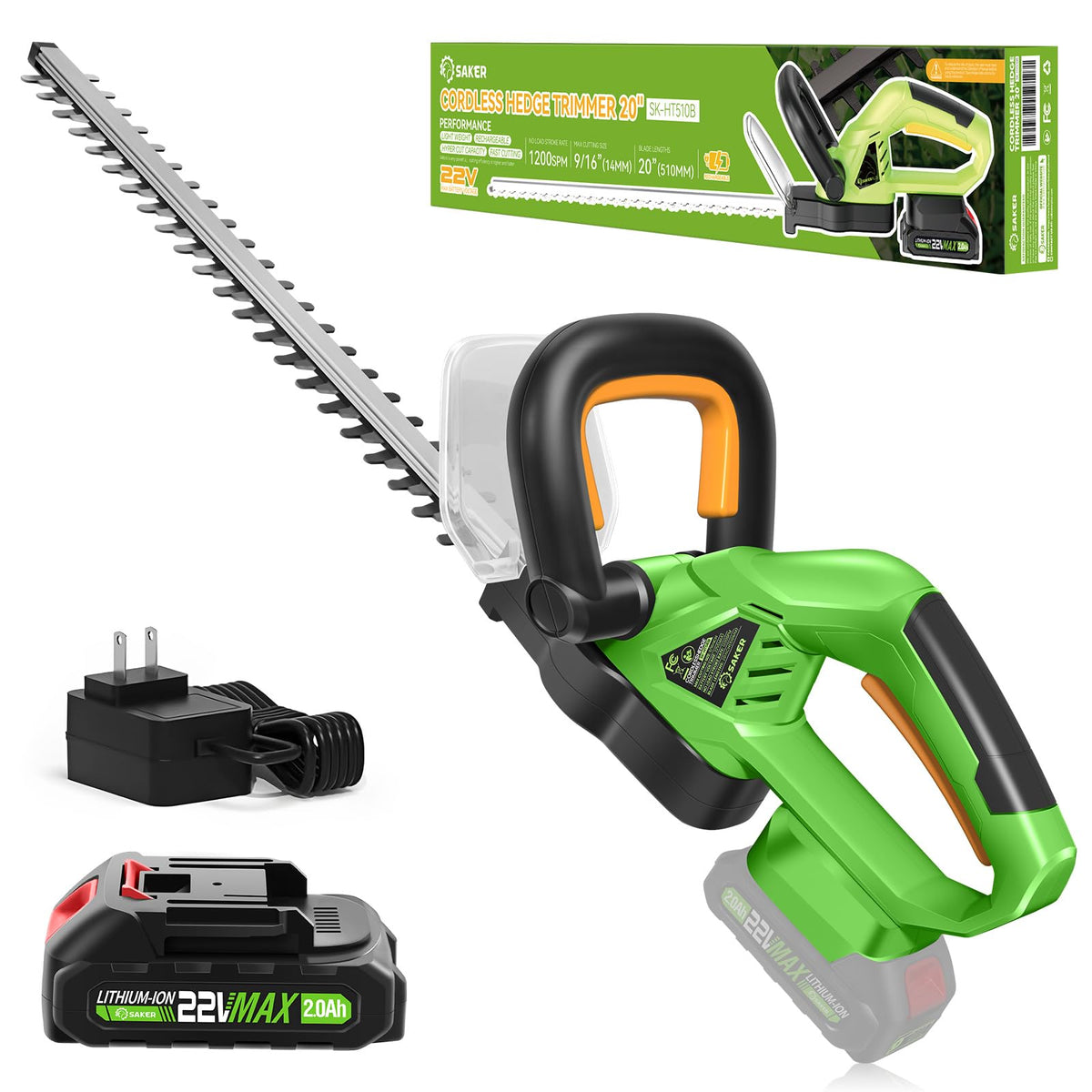 Saker front view of trimmer showing 20-inch blade and compact body for clean cuts