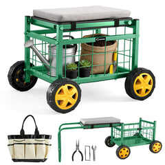Saker front view assembled garden cart showing seat and wheels, comfortable mobility
