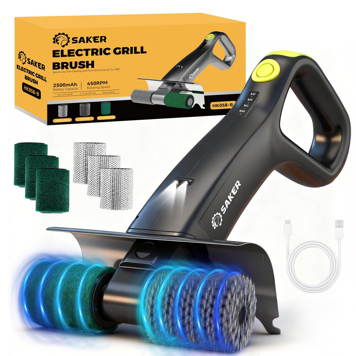 Saker front view of cordless grill brush showing ergonomic handle and LED for easier cleaning