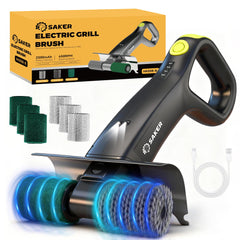 Saker front view of cordless grill brush showing ergonomic handle and LED for easier cleaning