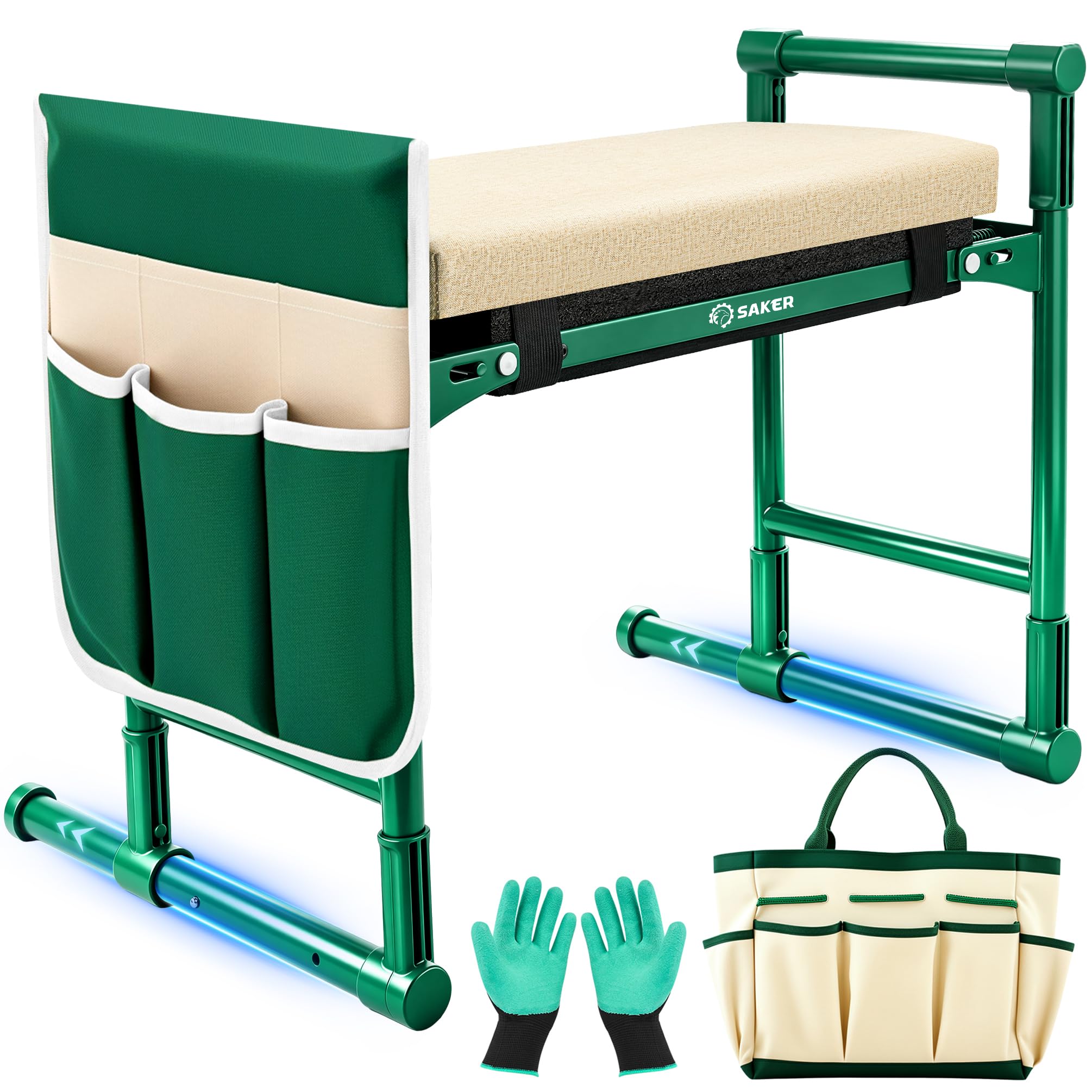 Saker front view folded garden kneeler showing compact storage and portability