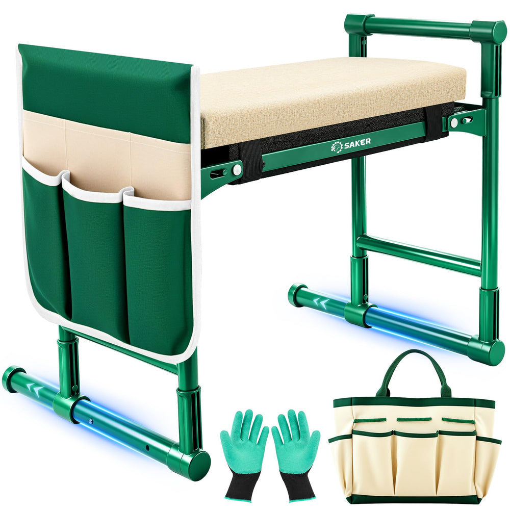 Saker front view folded garden kneeler showing compact storage and portability
